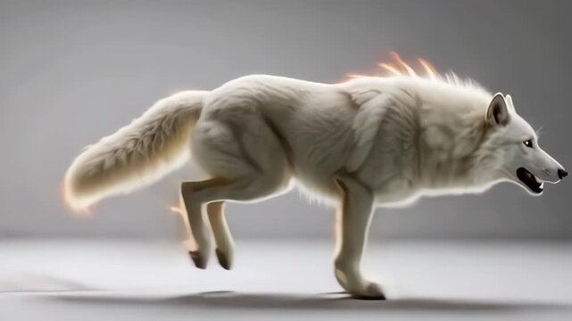 Majestic white wolf running with fiery mane and tail