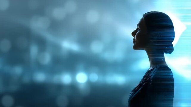 A young woman gazes forward in a high tech, digital inspired setting filled with blue light streaks and abstract city shapes. The scene evokes innovation, future, and creative thinking