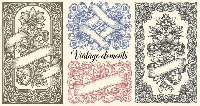 Decorative floral design elements. Ornate swirling floral motif. Pattern vector illustration in vintage engraving style