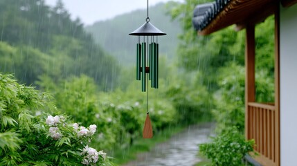 Wind chime hanging during a peaceful rain shower