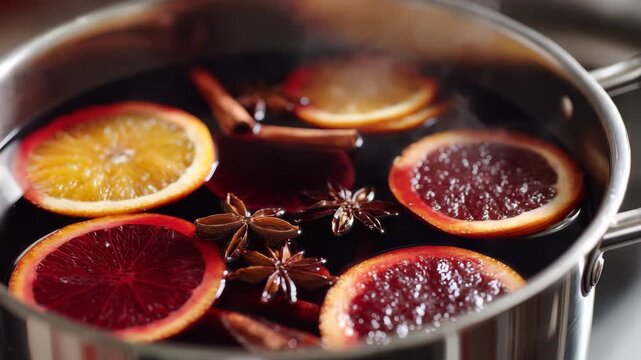 Close up of a pot with aromatic mulled wine, garnished with citrus slices and spices, creating a cozy seasonal atmosphere. Perfect for festive gatherings and holiday celebrations