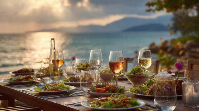 Dining at sunset by the sea with dishes and drinks on a wooden table near the beach