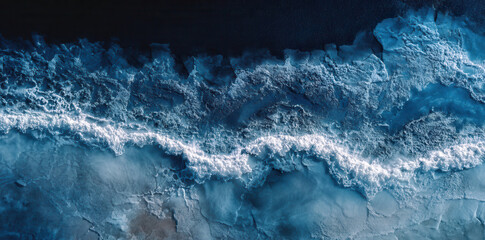 Waves crash on the shore during twilight with a dark sky above the ocean surface
