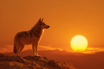 Fototapeta premium Wolf stands on a rock during sunset in a natural landscape with orange and yellow sky