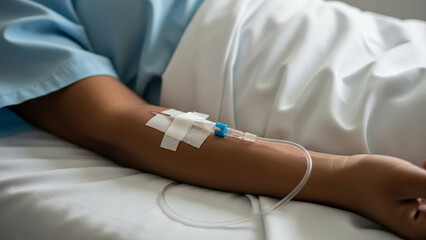 Close-up of a patient's arm with an intravenous drip being administered in a hospital bed, highlighting medical treatment and care
