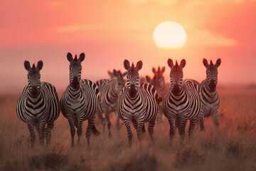 Group of zebras walks toward the horizon during sunset in a grassland setting