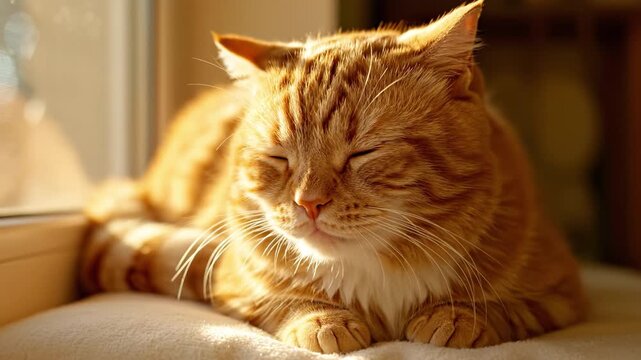 Ginger cat sleeping sunlit windowsill cozy domestic scene with warm light soft fur peaceful relaxed expression detailed whisker texture golden ginger cat close up feline relaxing tabby fur indoor