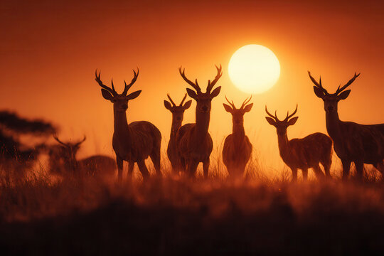 Herd of deer standing together at sunset in a grassy field near trees with a bright sun in the background