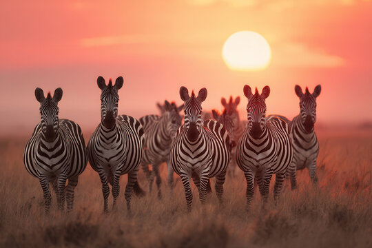 Group of zebras walks toward the horizon during sunset in a grassland setting