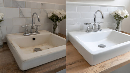 Fototapeta premium Sink replacement transformation shown through before and after comparison