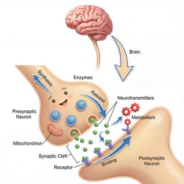 Synaptic transmission in the human nervous system, showing how neurotransmitters are synthesized, released, and bind to receptors between presynaptic and postsynaptic neurons under brain regulation.