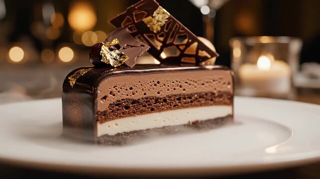 Gourmet chocolate dessert on white plate with gold leaf detail and candles