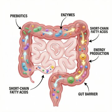 The human colon shows how prebiotics are fermented by gut microbiota into enzymes and short-chain fatty acids that support energy production and gut barrier function.
