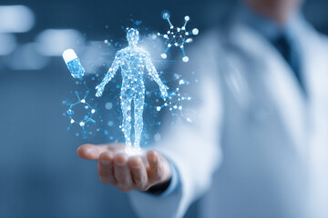 Health technology shows digital human figure and medical symbols during medical research in a laboratory setting