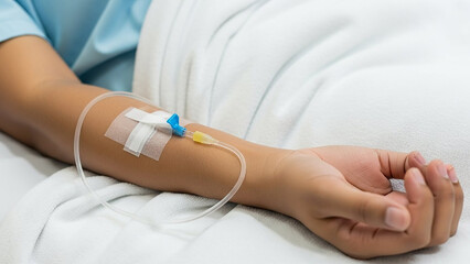 Obraz premium Close-up of a patient's arm with an IV drip line inserted into the vein, receiving medical treatment and fluids