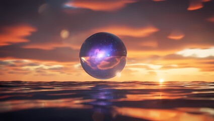 Cosmic sphere floating over ocean during sunset with nebula inside crystal ball
