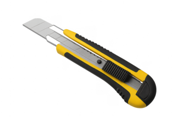 Yellow utility knife with retractable blade on transparent background