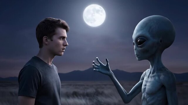 A human and an alien are facing each other under a full moon. The alien is extending a hand towards the human.