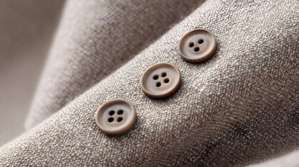 Close-up of three brown buttons on a textured fabric, detailed and elegant.
