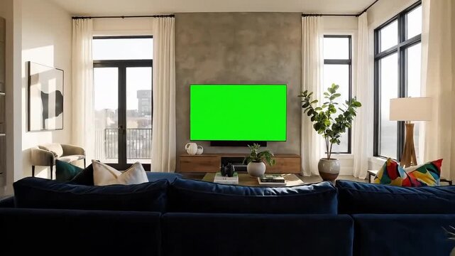 Modern living room and kitchen interior with green screen tv