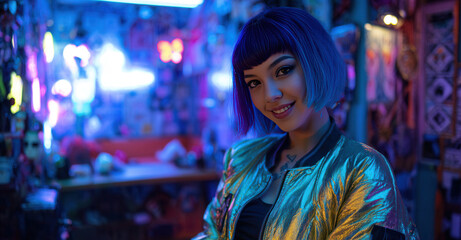 Obraz premium Young person with blue hair smiles in a colorful room with bright lights during the night