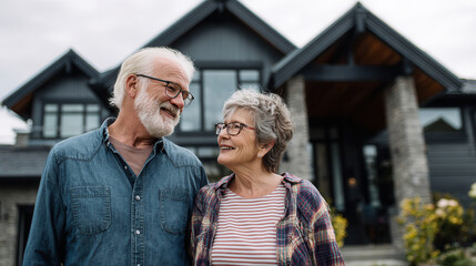 Elderly couple stands together smiling outside a house during a cloudy day