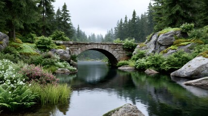 Fototapeta premium Stone arch bridge spanning river in forest landscape