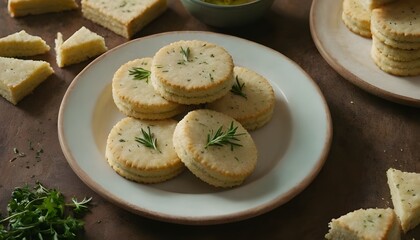savoury parmesan and herb shortbread cookies on a plate