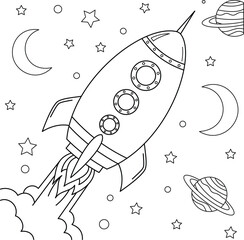 Rocket and Space Coloring Page for Kids

