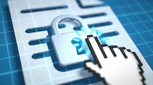 A computer cursor clicks on a padlock icon on a digital document