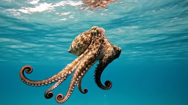 An octopus swims gracefully in clear, blue water. Its tentacles are spread out, showcasing its unique form.