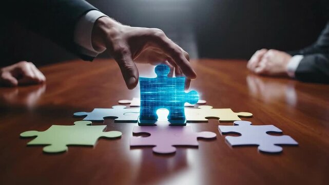 Businessmen assembling glowing puzzle pieces on a table symbolizing teamwork and strategy.