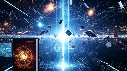 Books floating in a digital library with glowing effects - Powered by Adobe