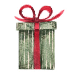 Watercolor illustration of a striped green gift box with a red ribbon and bow. Holiday present for Christmas, birthday, or celebration.