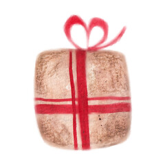 Watercolor illustration of a beige gift box with a pink ribbon and bow on a white background, symbolizing giving and celebration for holiday design.