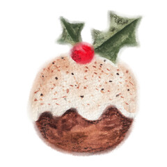 Watercolor illustration of a Christmas pudding dessert with holly for festive food, holiday season, and winter celebration concept.
