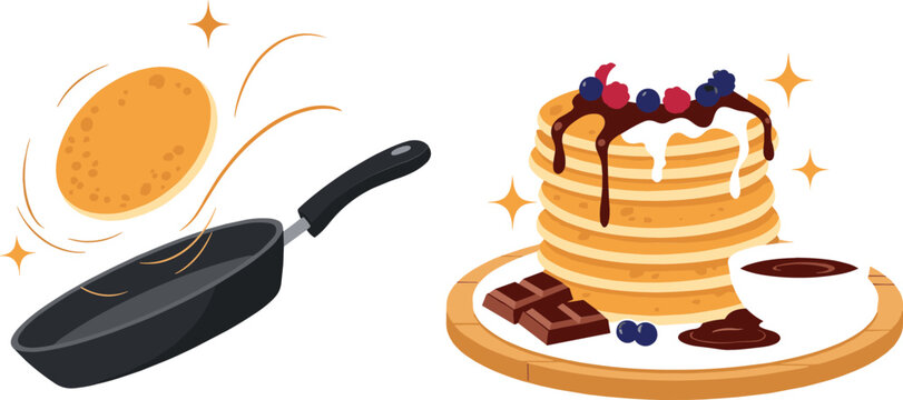 Pancake Day vector illustration featuring a pancake flipping in a pan and a stack topped with chocolate berries.