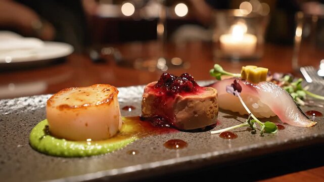 Gourmet dish presentation on a rectangular plate with diverse food components