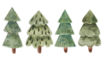 Four green watercolor pine trees in varying shapes. Winter holiday and Christmas design element for greeting card and seasonal decor.