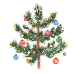 Watercolor Christmas tree illustration adorned with colorful ornaments and glowing lights. Festive holiday design for greeting card or winter celebration.