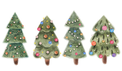 Christmas tree watercolor illustration collection for holiday season design. Hand-drawn fir tree with ornament and lights on white background for festive card.