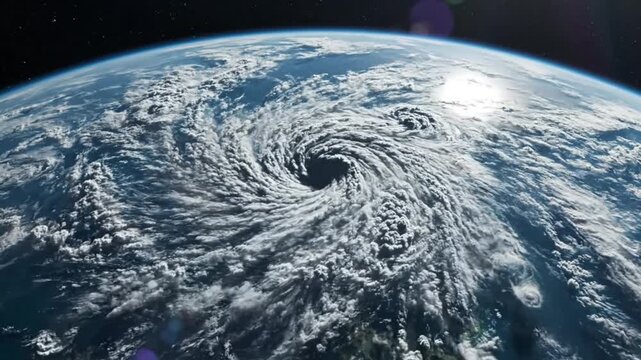 Epic Earth view of a massive hurricane swirling over the ocean with the cosmos in the background
