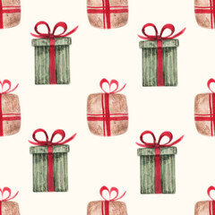 Watercolor seamless pattern with hand-drawn Christmas and New Year gift boxes for holiday cards, wrapping paper, fabric design, and festive decoration.
