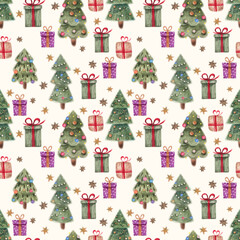 Watercolor Christmas tree and gift box seamless pattern for holiday design. Festive decorative background for greeting card.