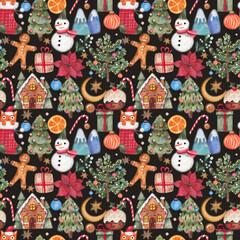 Christmas watercolor seamless pattern with festive elements on dark background. Holiday illustration for gift wrap, fabric print, december wallpaper.