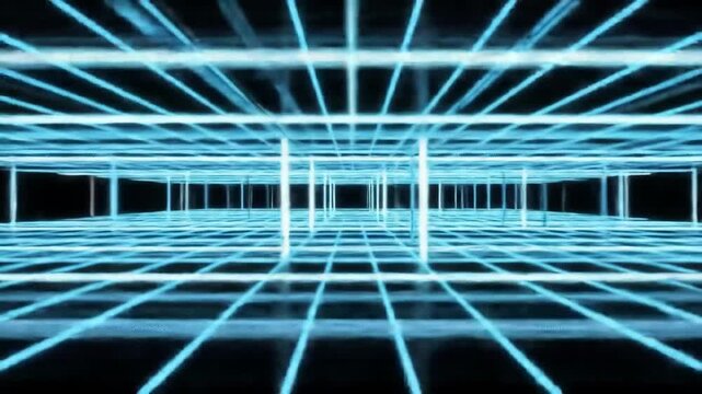 A futuristic digital grid with glowing blue lines forming a grid pattern on a black background, stretching into the distance