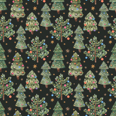 Watercolor christmas tree pattern with star ornament. Winter holiday season decoration for fabric, gift wrap, and festive home decor.