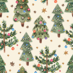 Watercolor pattern of christmas tree with colorful decoration. Festive holiday design for wrapping paper or fabric. Merry Christmas and new year concept.
