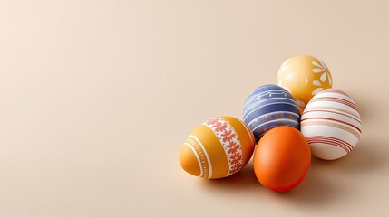 Colorful Easter Eggs in Various Designs and Patterns Arranged on a Soft Beige Background for Celebratory and Festive Themes