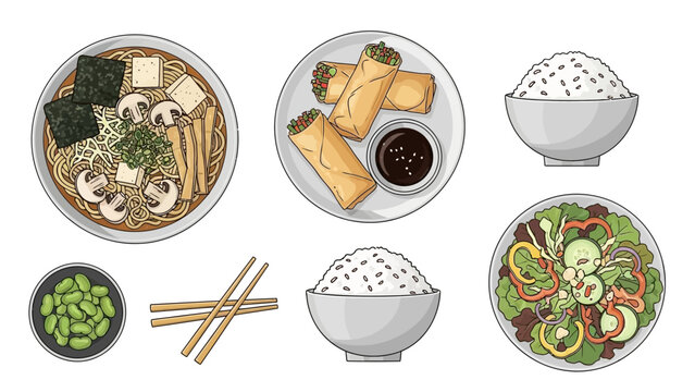 Japanese and Asian Food Vector Illustration Set - Ramen, Spring Rolls, Rice Bowl, Edamame, and Fresh Garden Salad - Healthy Cuisine Concept